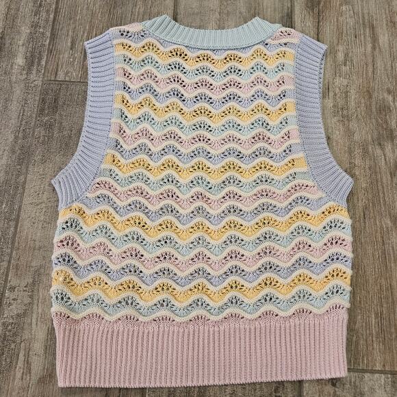 Zara Sweater Vest Womens S Crochet Embroidered Knit Sleeveless Pastel Stripe - Picture 6 of 9